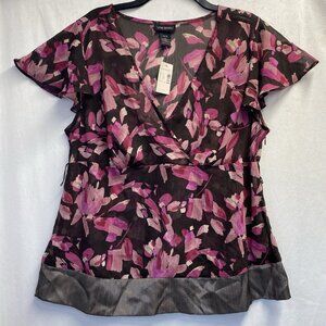 Lane Bryant Sheer V-Neck Short Flutter Sleeve Blouse Women Sz 14/16 Brown Floral